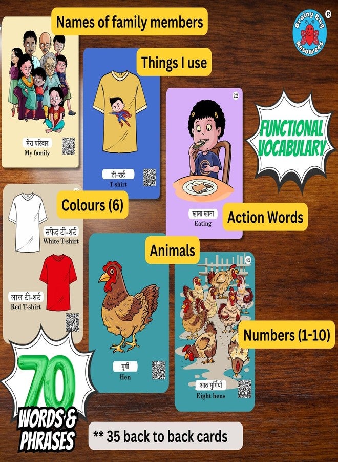 Brainy Bug Resources Hindi Flashcards with Online Audio | Bilingual Text and Audio | 70 Words and Phrases | Action Words, Animals, Family Members, Numbers, Colours | Special Needs Kids - Image 2